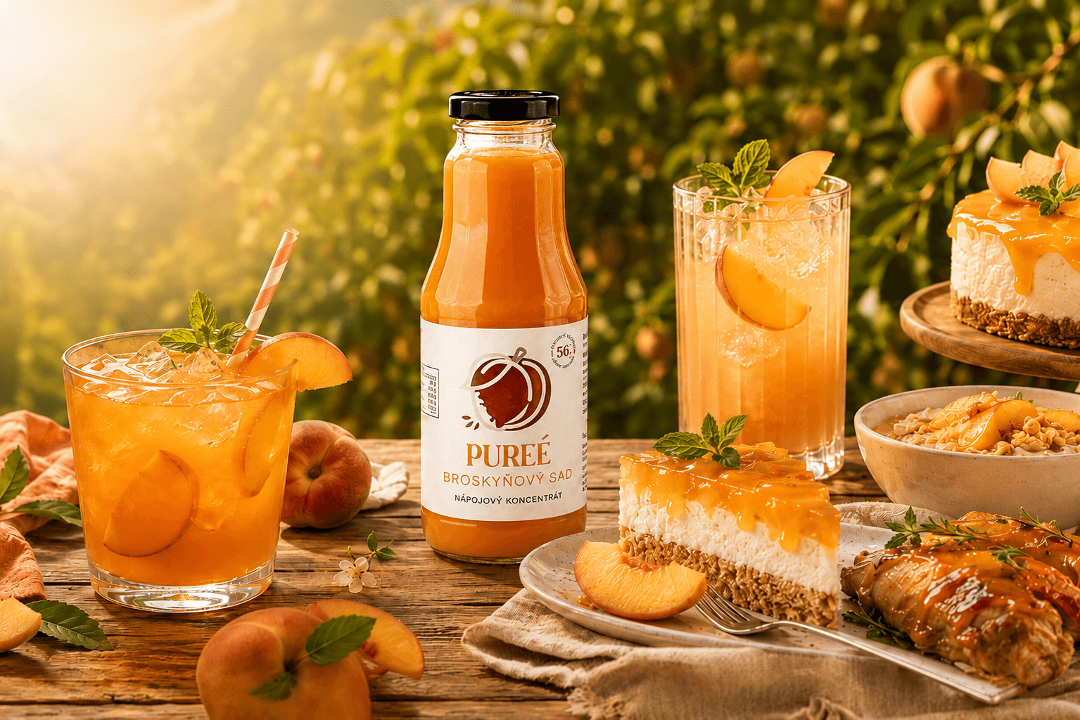 PUREÉ Broskyňový sad with peach lemonade, iced tea, desserts and fruit