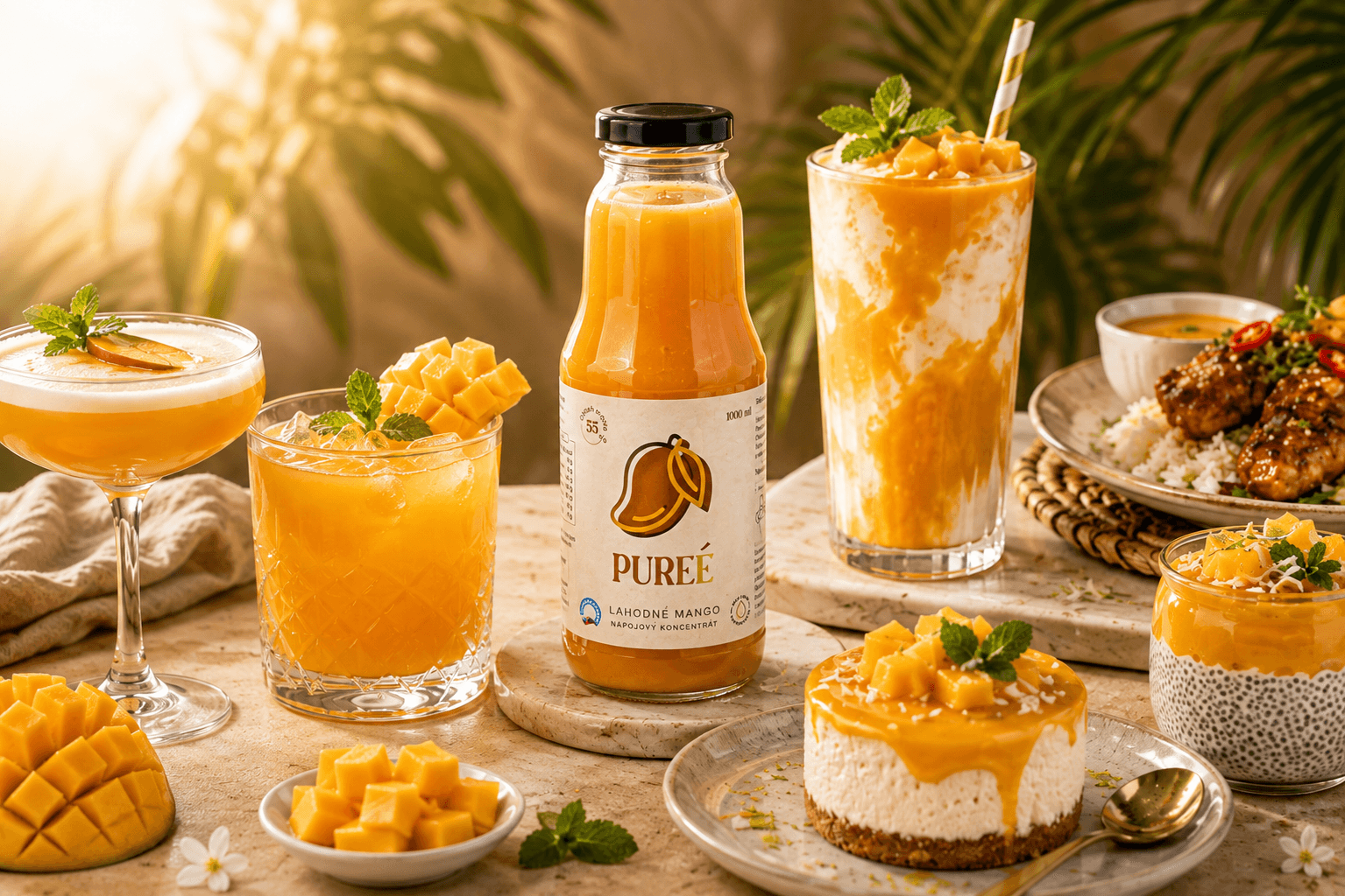 PUREÉ Lahodné mango with mango smoothie, cocktails, cheesecake and fruit