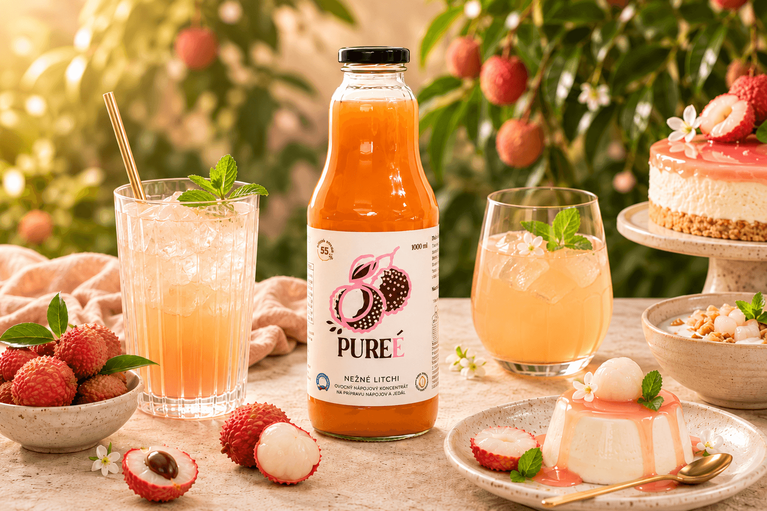 PUREÉ Nežné Litchi s litchi drinkmi, panna cottou a dezertmi