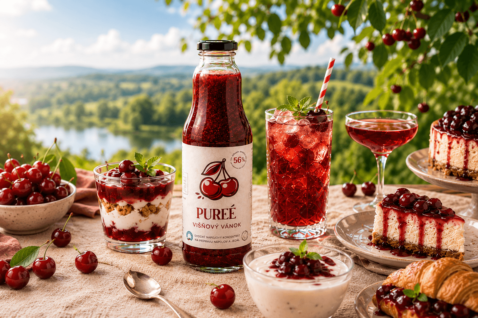 PUREÉ Višňový vánok with sour cherry lemonade, a chocolate dessert and a hot drink